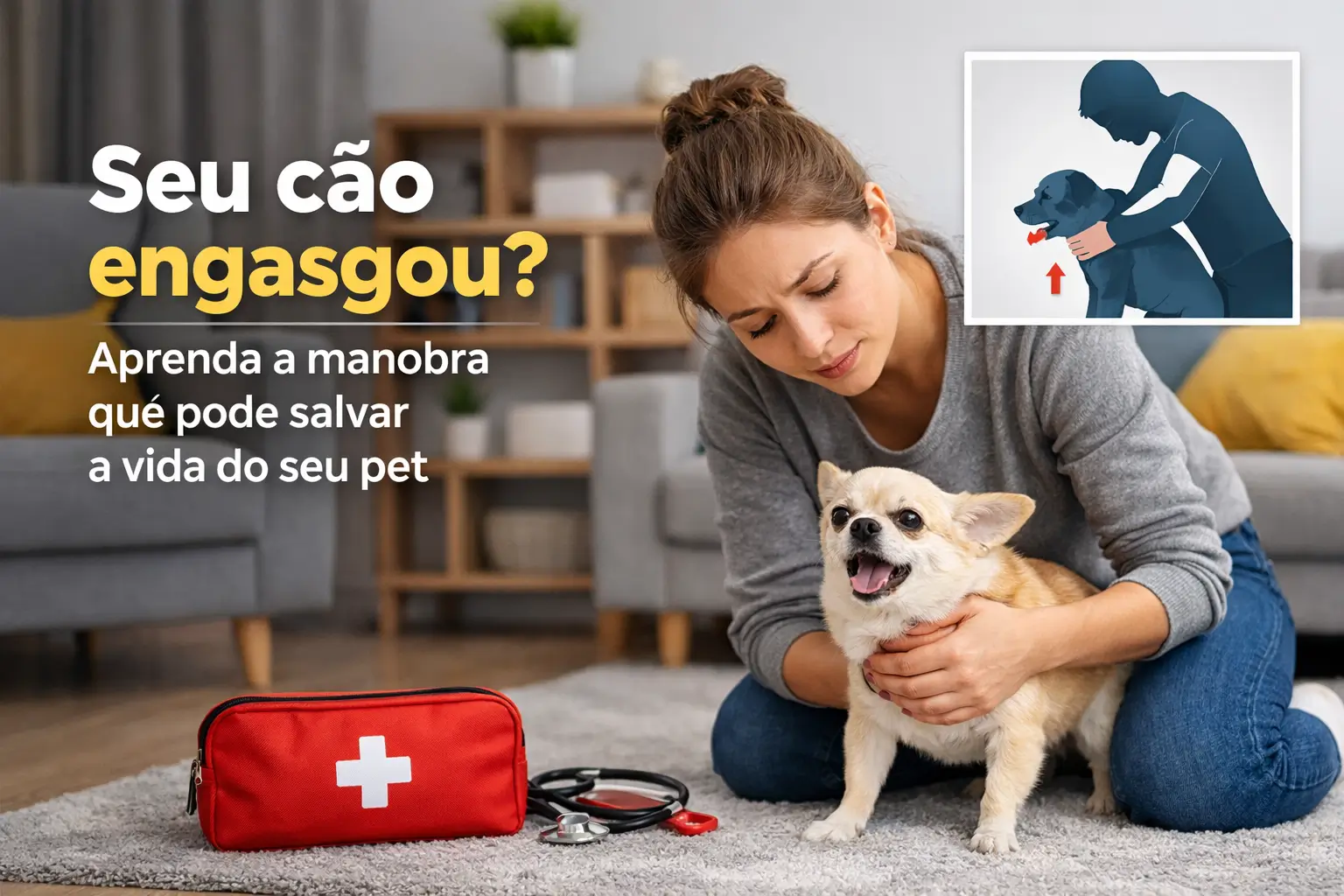 Mulher ajudando cão com kit de primeiros socorros e esteto