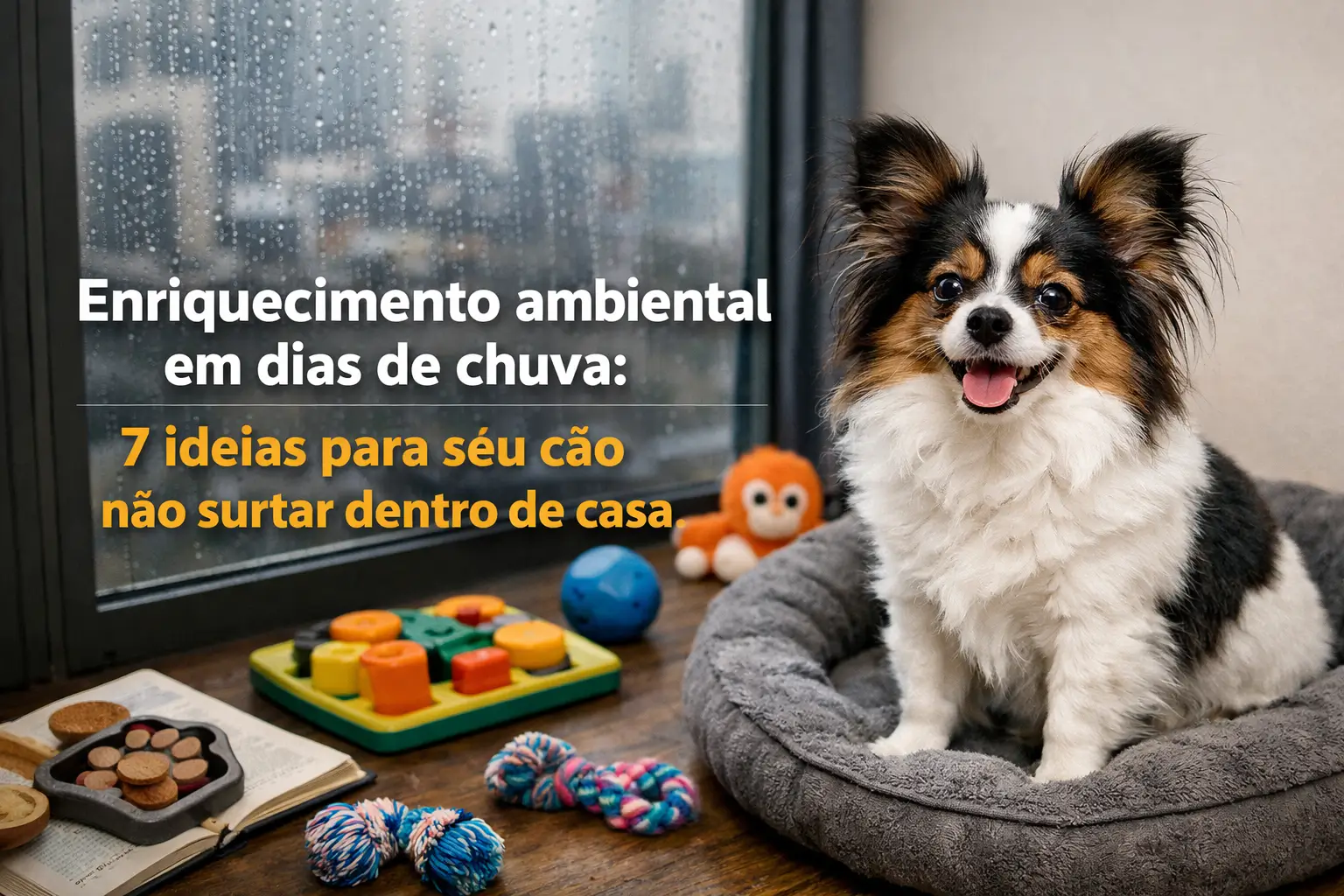 Cachorro feliz com brinquedos em dia chuvoso em São Paulo