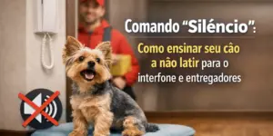 Yorkshire Terrier feliz com entregador e interfone no fundo