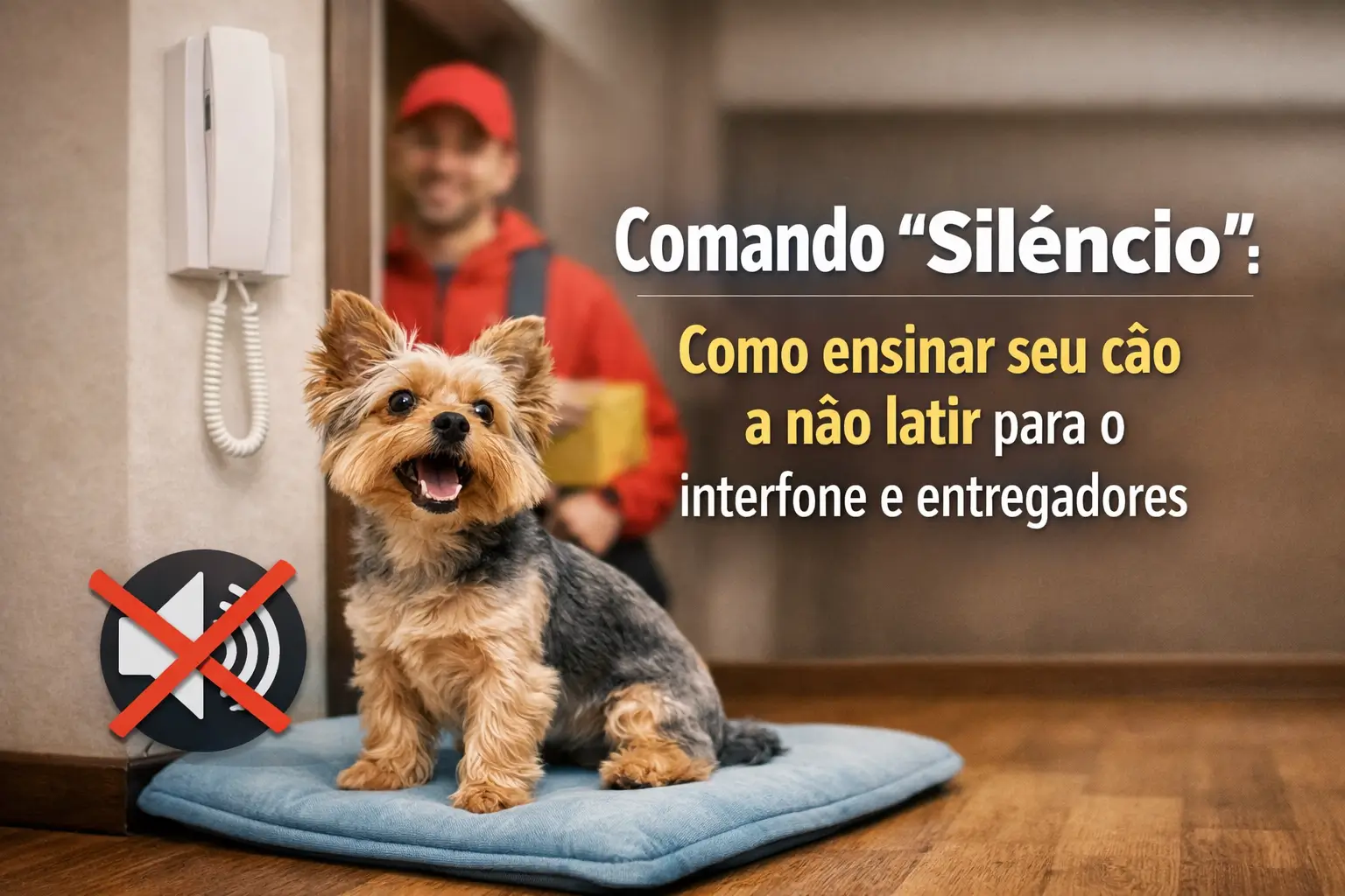 Yorkshire Terrier feliz com entregador e interfone no fundo