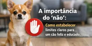 Chihuahua feliz com gráfico vermelho 'pare' em sala de estar