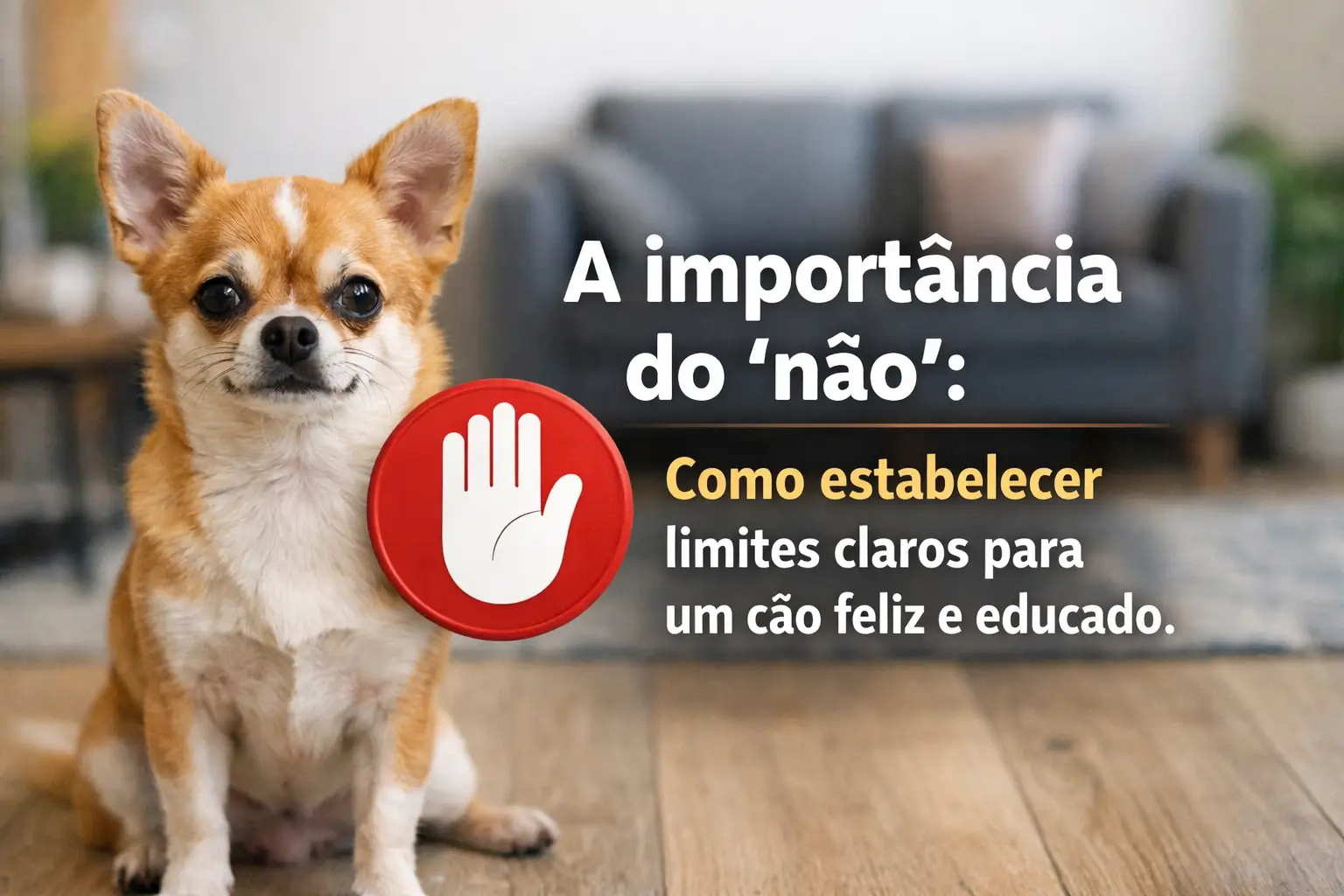 Chihuahua feliz com gráfico vermelho 'pare' em sala de estar
