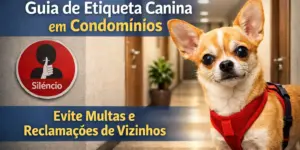 Chihuahua em corredor com placa 'Silêncio' em edifício