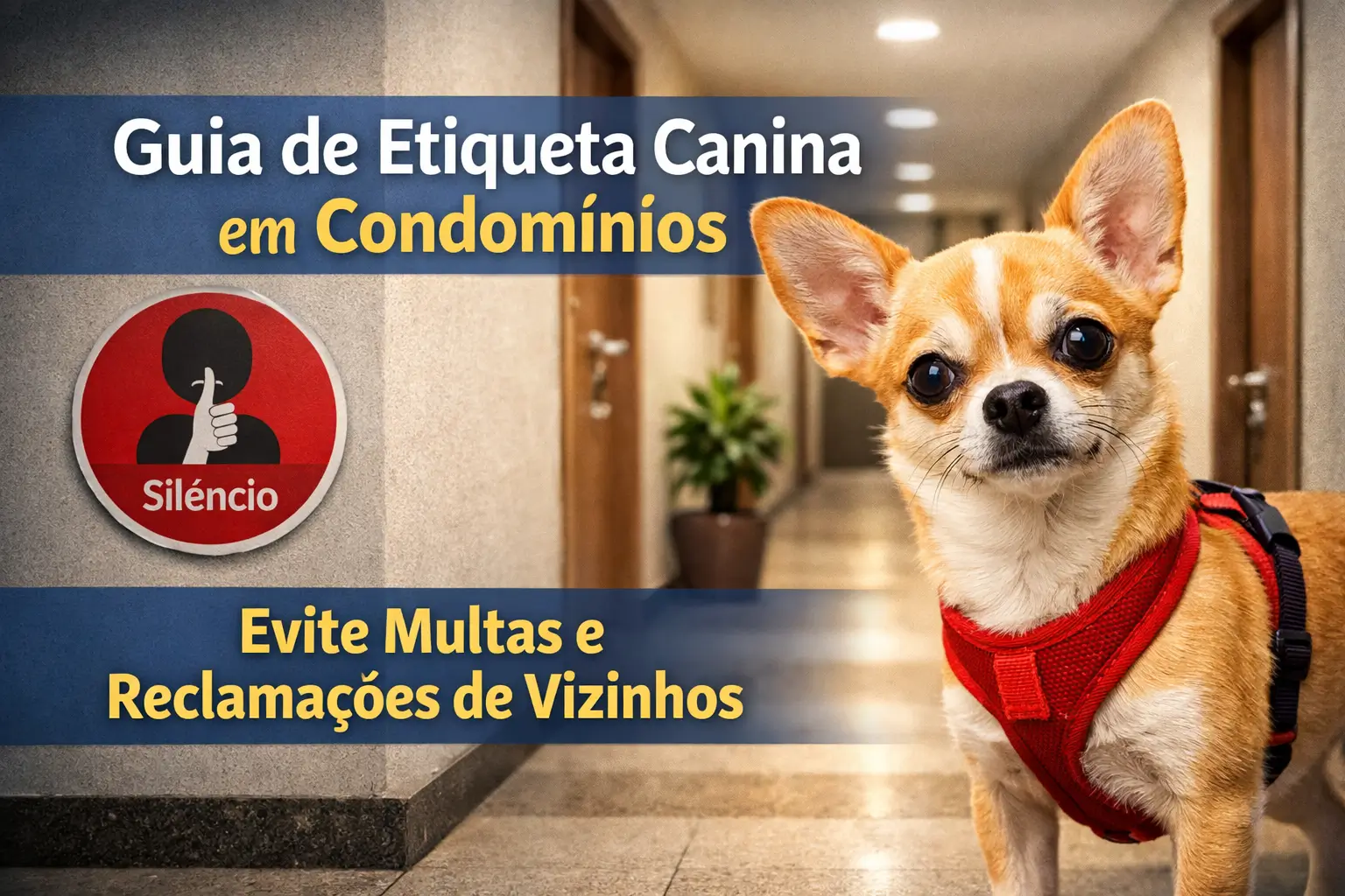 Chihuahua em corredor com placa 'Silêncio' em edifício