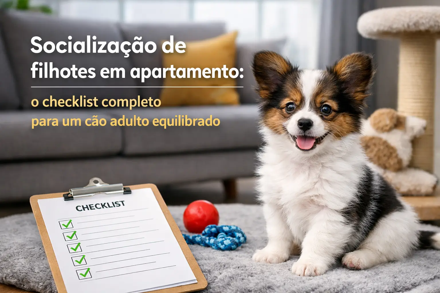 Filhote fofo em tapete com brinquedos e checklist ao lado