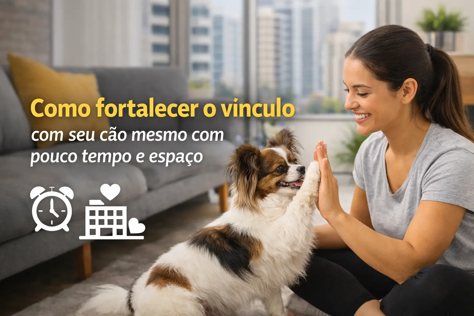 Mulher e cachorro brincando em sala com vista da cidade
