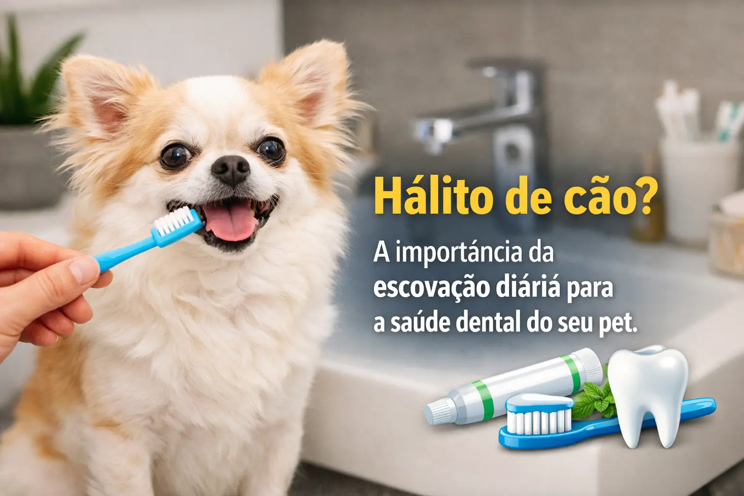 Cachorro pequeno com escova de dentes azul na boca em banheiro