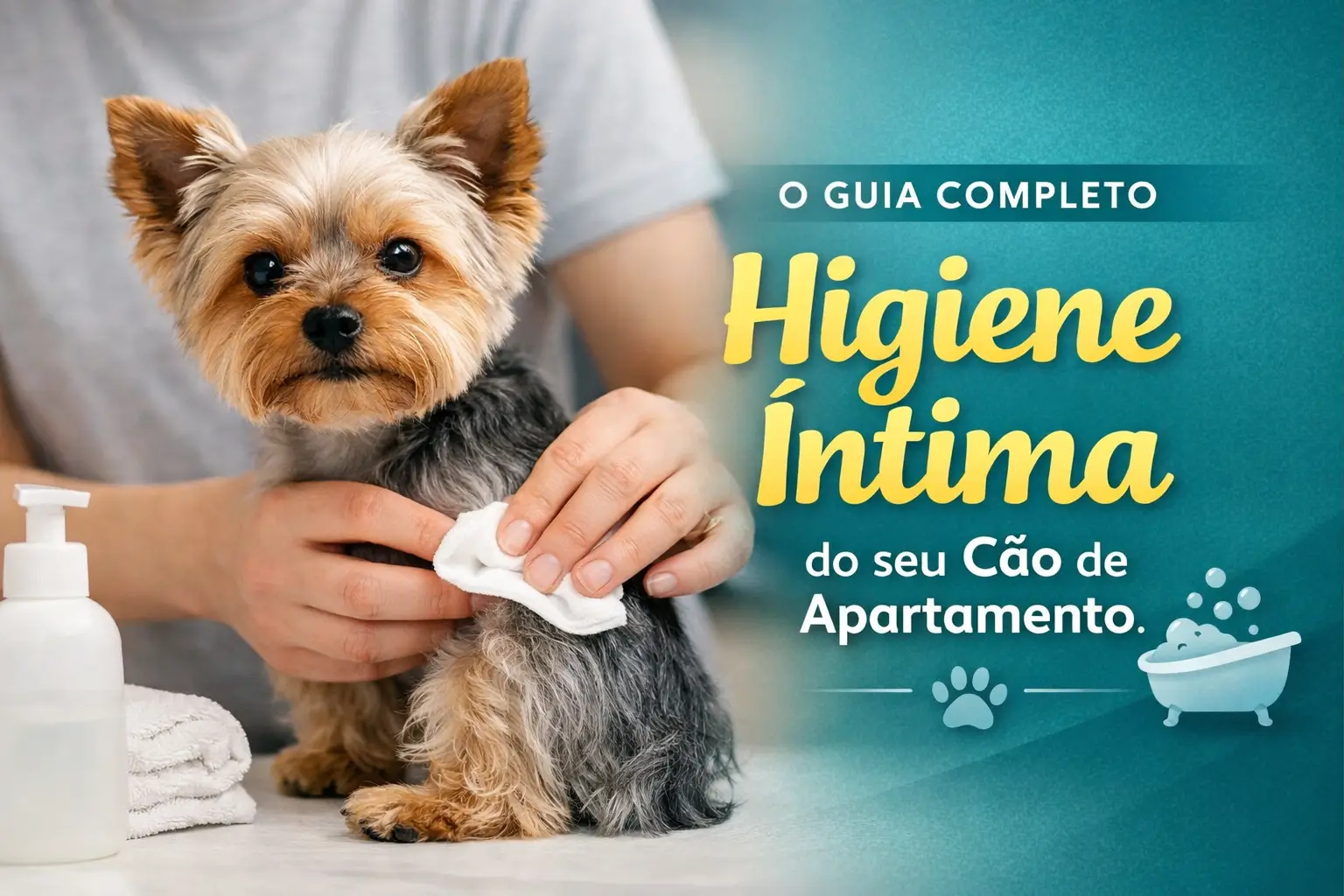 Yorkshire Terrier sendo limpo com foco em higiene para cães
