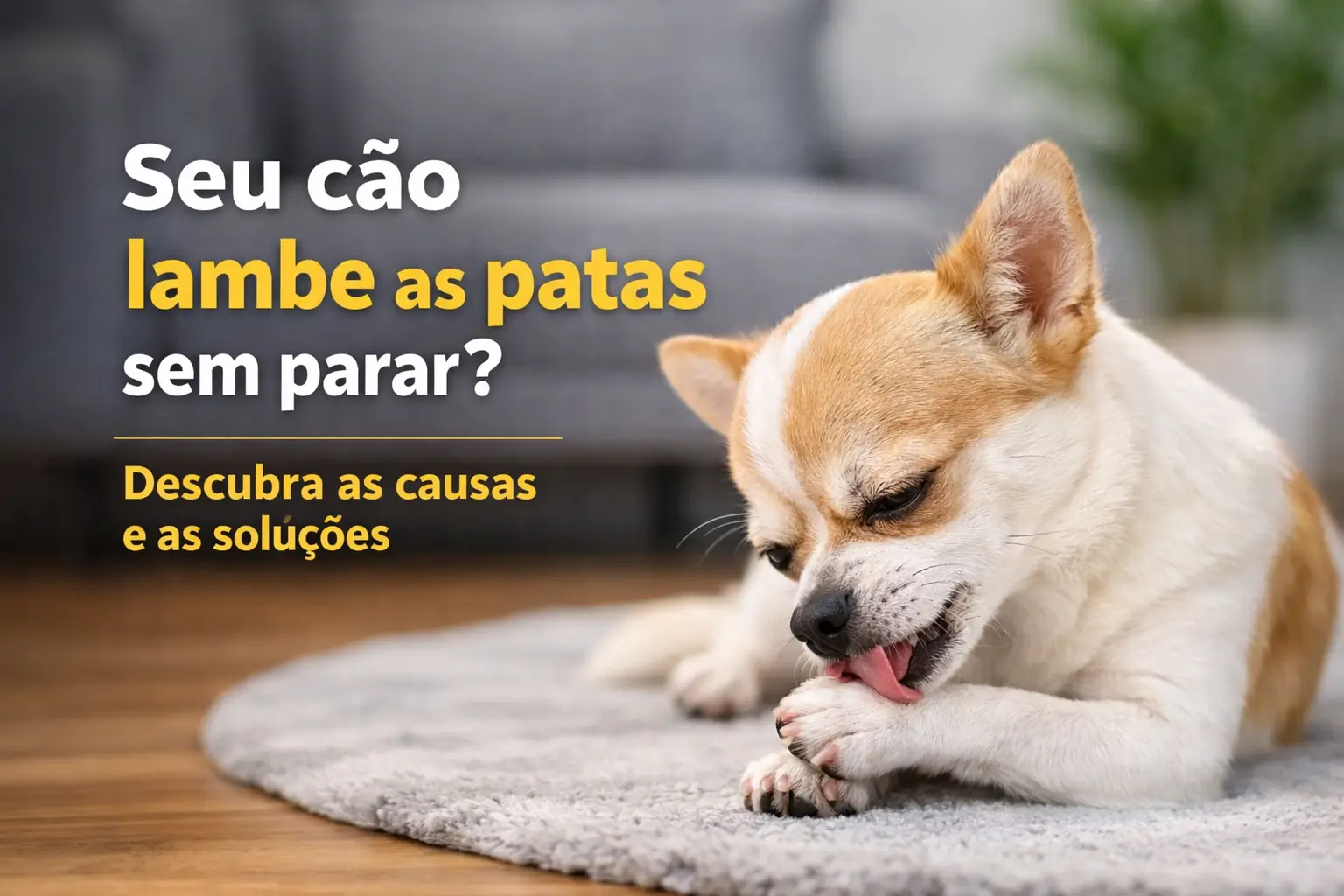 Cachorro lambendo a pata em um tapete macio, sofá ao fundo