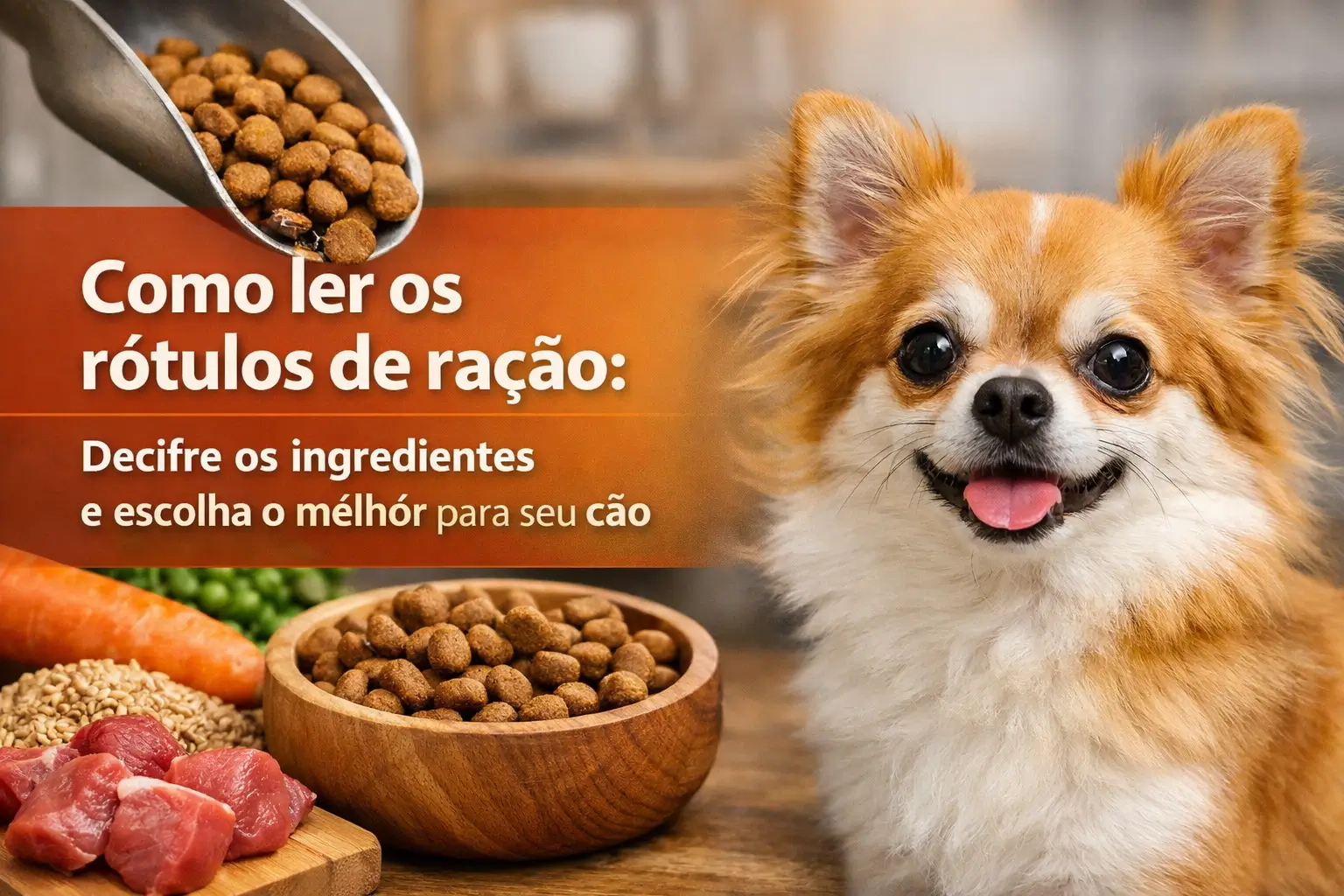 Cachorro alegre com ração e ingredientes ao fundo para 2026