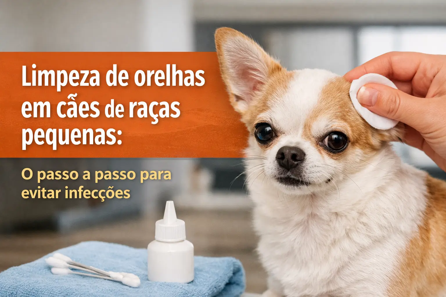 Limpeza de orelhas de Chihuahua com solução e algodão