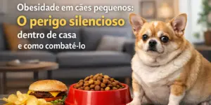 Cão obeso ao lado de tigela vermelha com comida e batata chips