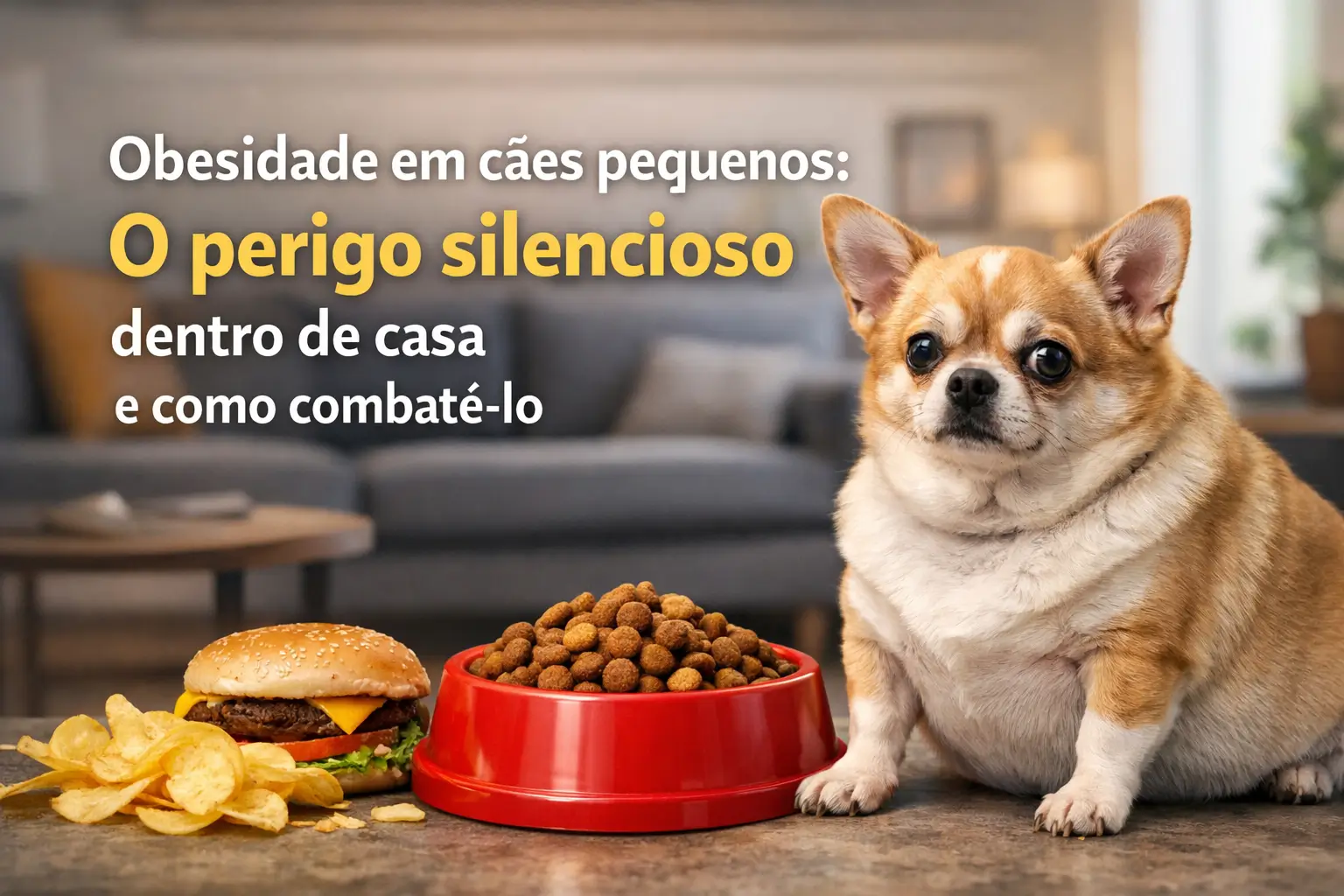 Cão obeso ao lado de tigela vermelha com comida e batata chips