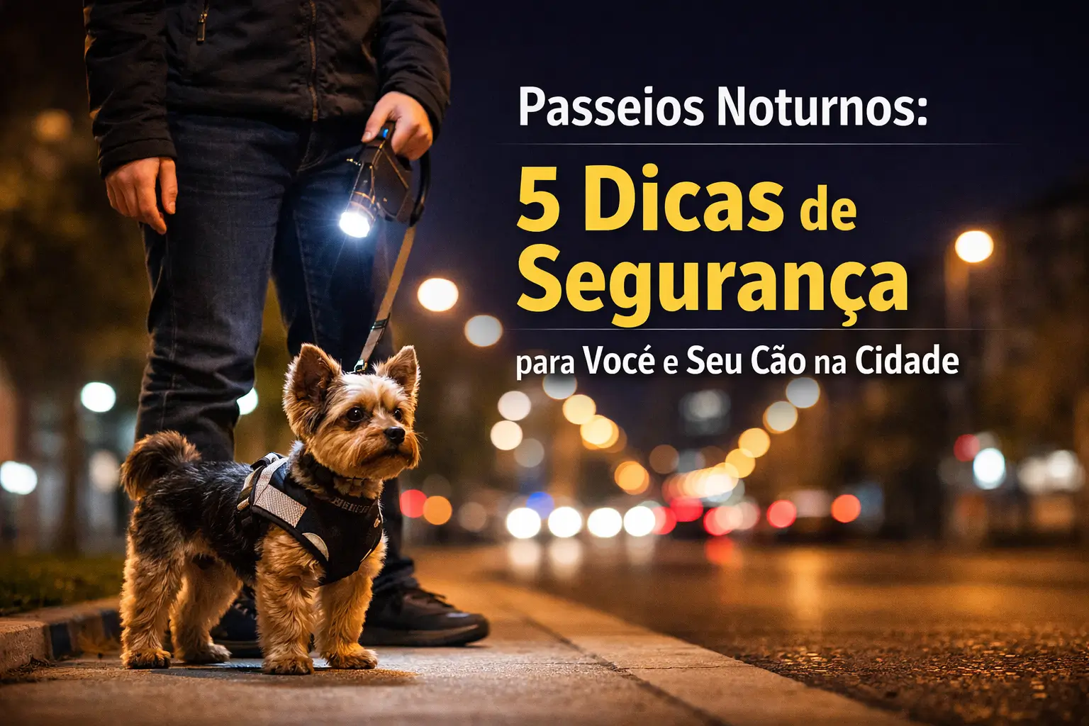 Pessoa e cachorro em passeio noturno urbano iluminado