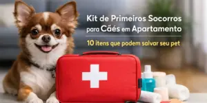 Cachorro marrom ao lado de kit primeiros socorros para cães