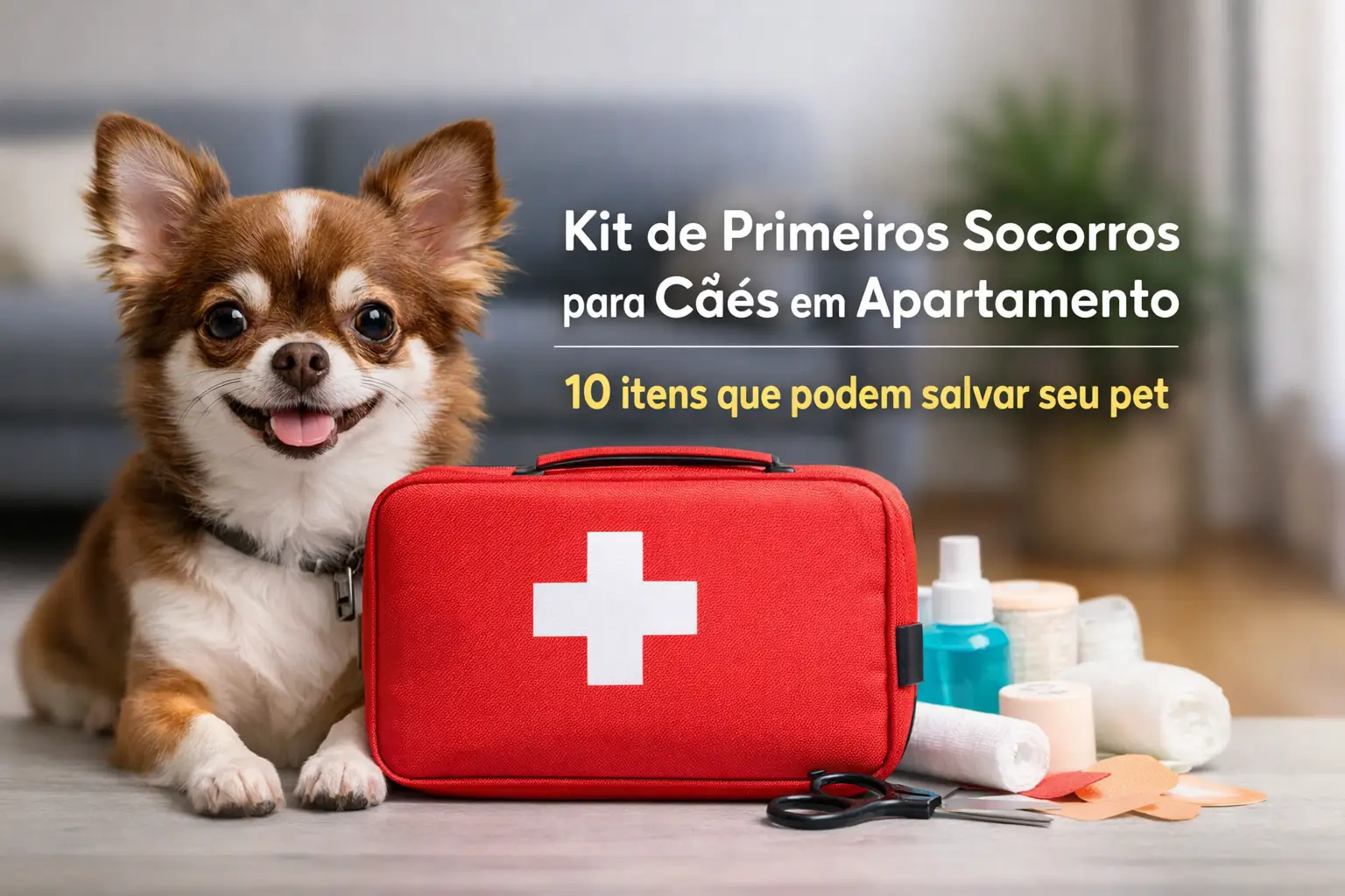 Cachorro marrom ao lado de kit primeiros socorros para cães