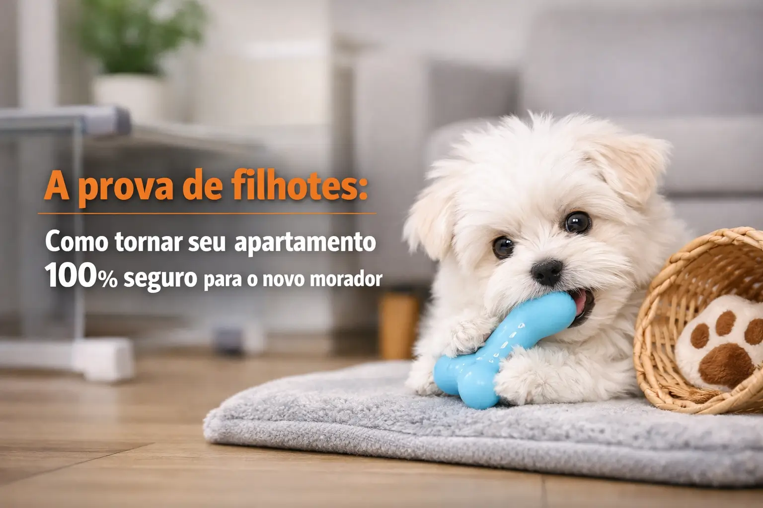 Filhote fofo mastiga brinquedo azul em tapete cinza