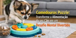 Cachorro com alimentador quebra-cabeça colorido no tapete