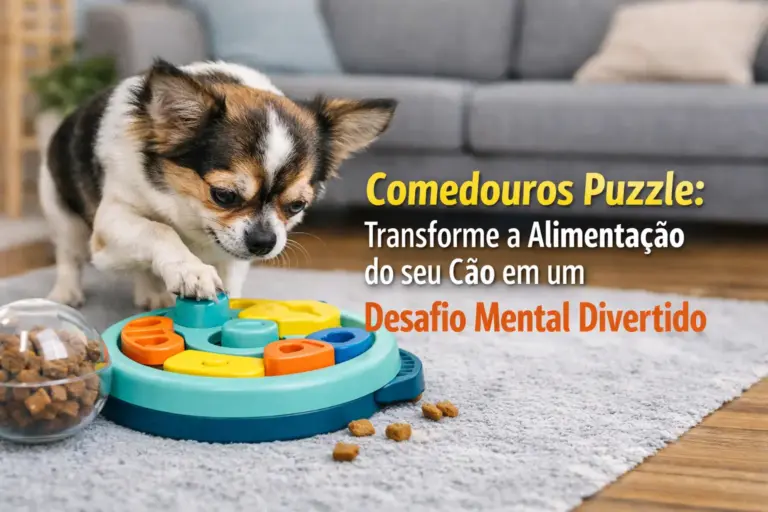 Cachorro com alimentador quebra-cabeça colorido no tapete