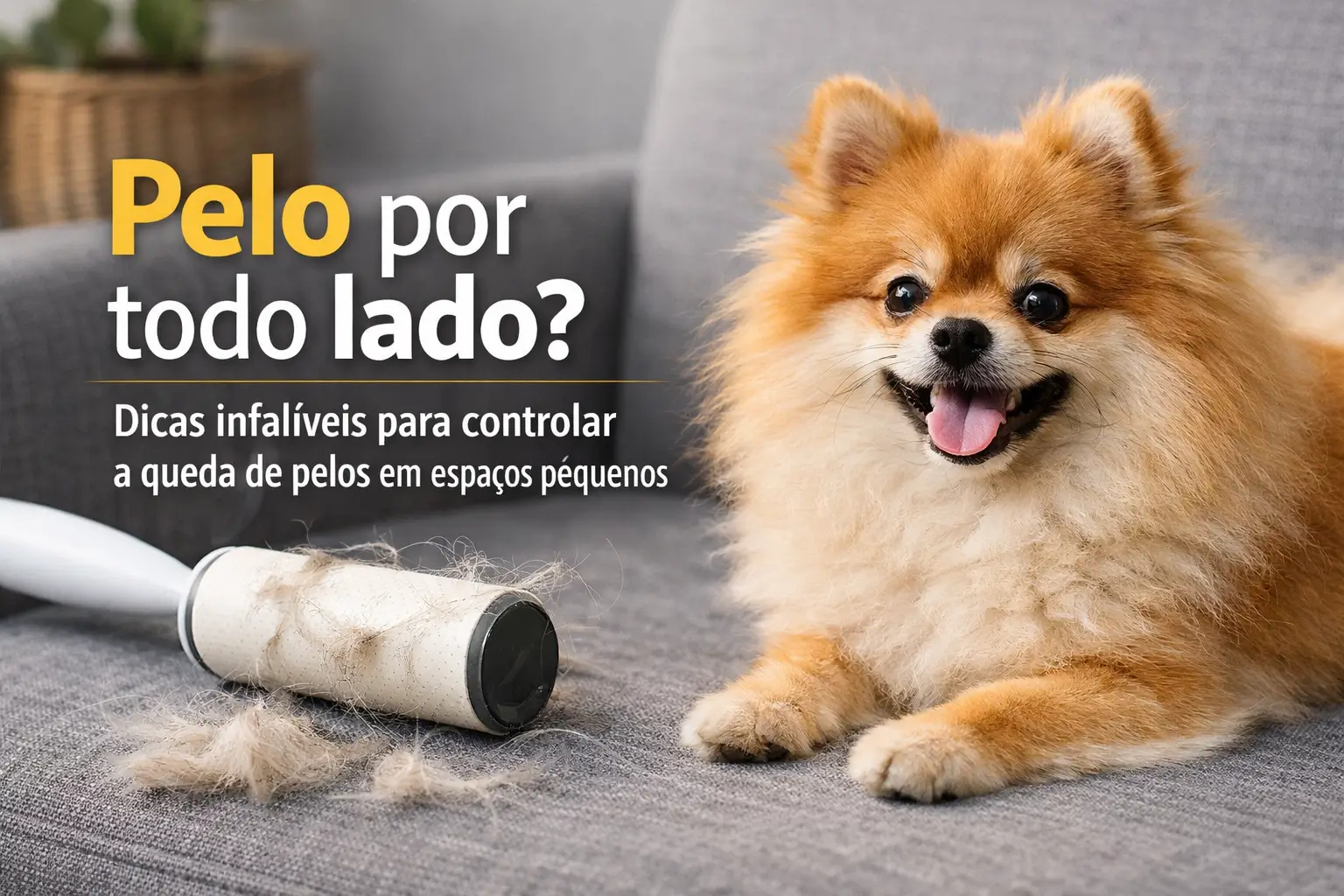 Pomeranian fofo no sofá cinza com removedor de pelos