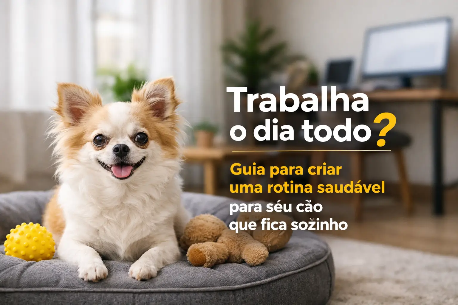 Cachorro fofo em uma cama com brinquedo e ursinho, orientações para cães sozinhos