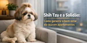 Shih Tzu em sofá confortável com brinquedo de osso em apartamento