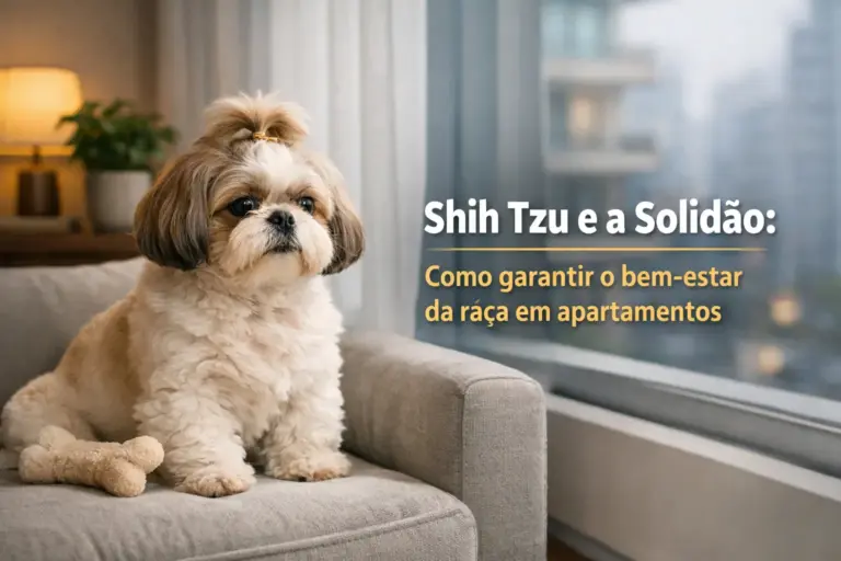 Shih Tzu em sofá confortável com brinquedo de osso em apartamento