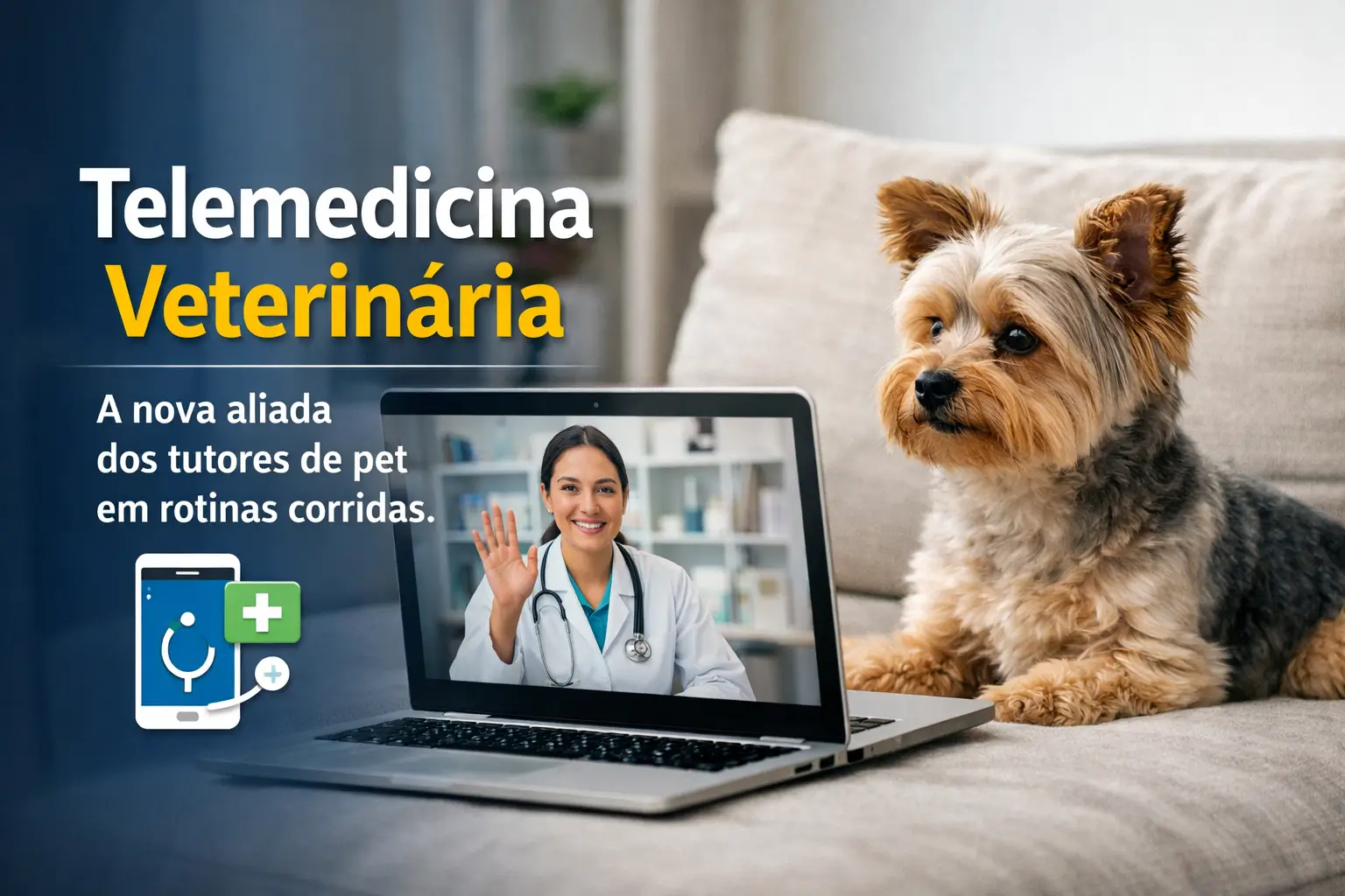 Cão pequeno olhando para laptop com veterinário e telemedicina em destaque
