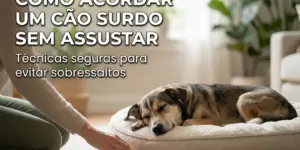 Pessoa acordando cão surdo com cuidado em ambiente acolhedor