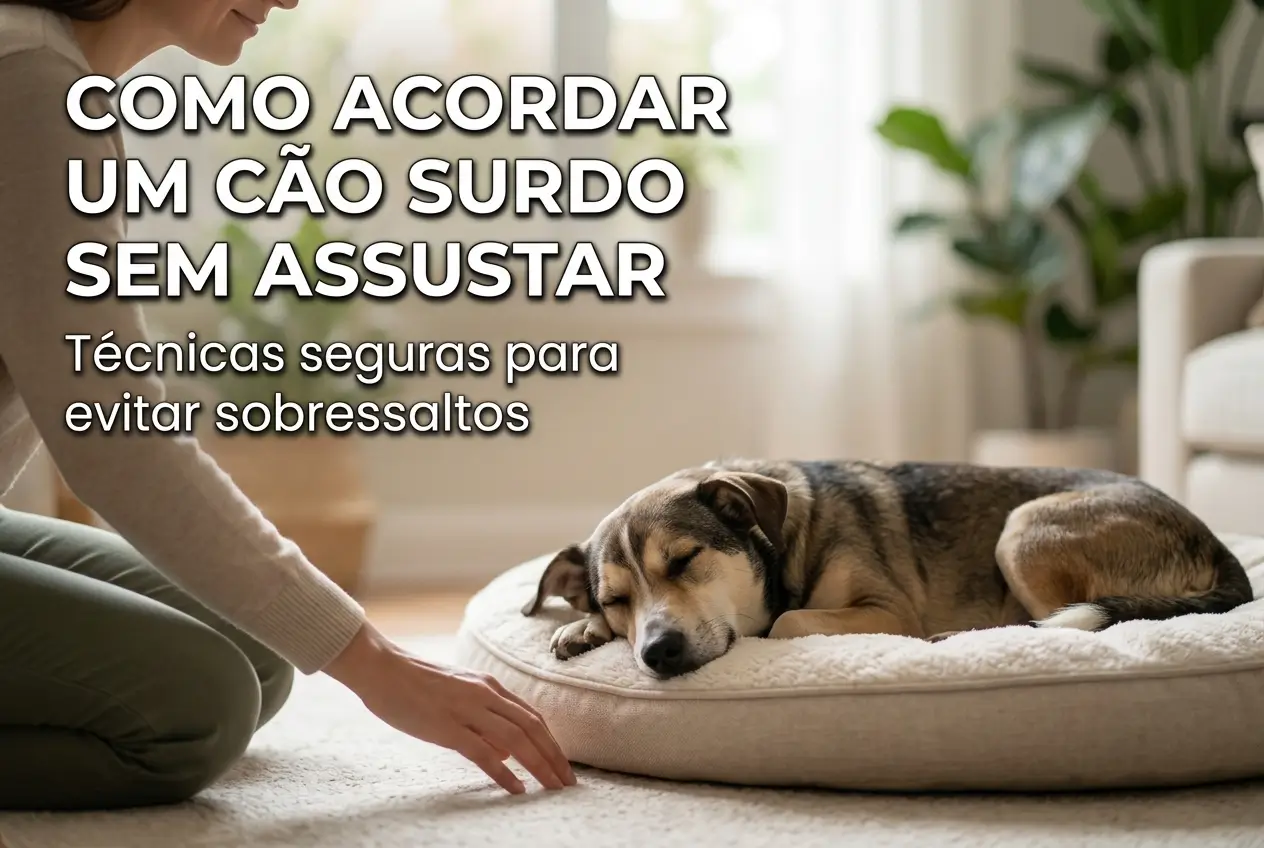 Pessoa acordando cão surdo com cuidado em ambiente acolhedor