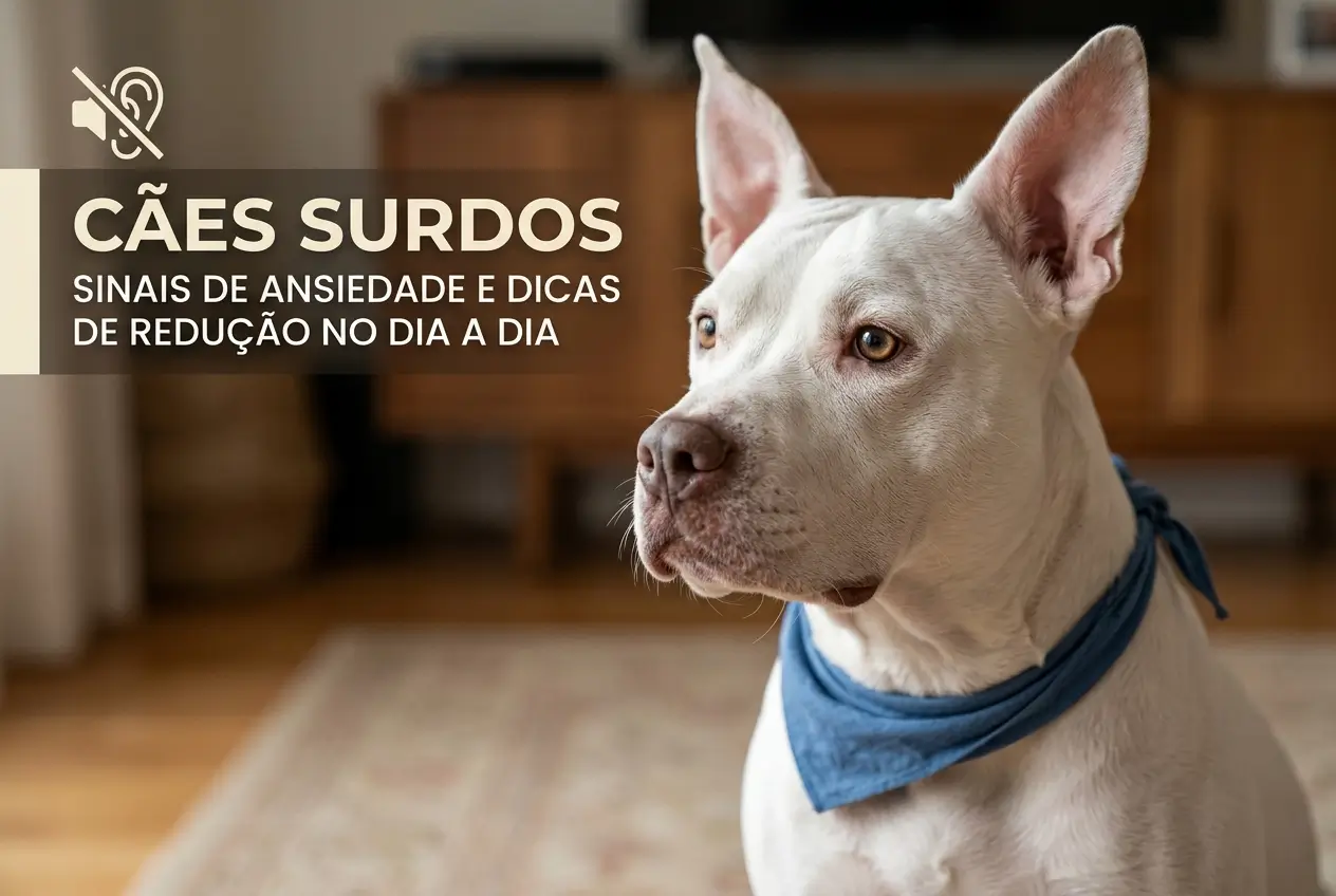 Cão branco com bandana azul em ambiente interno, Cães Surdos