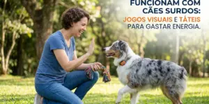 Mulher brincando com cachorro surdo em área gramada