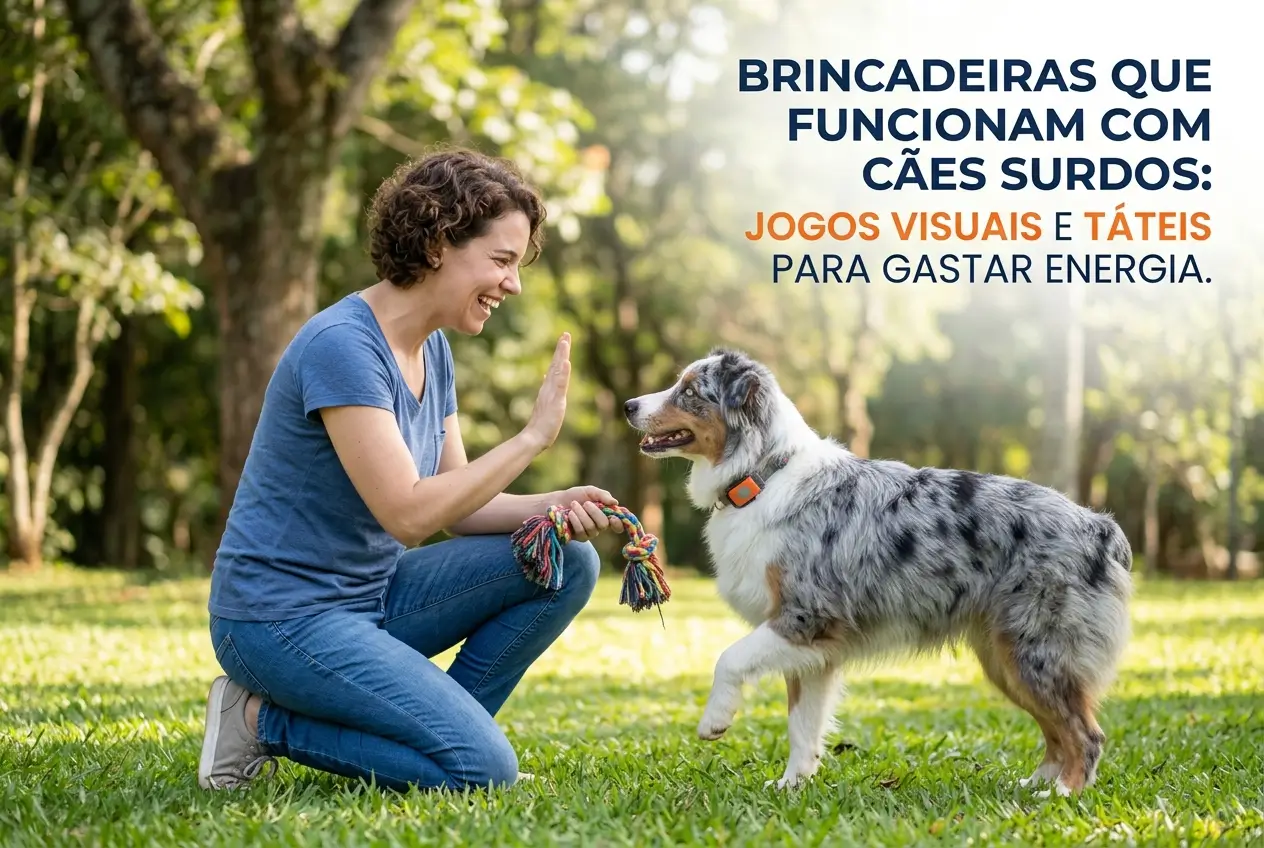Mulher brincando com cachorro surdo em área gramada