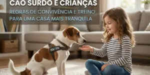 Menina brincando com cão surdo em sala aconchegante, 2026