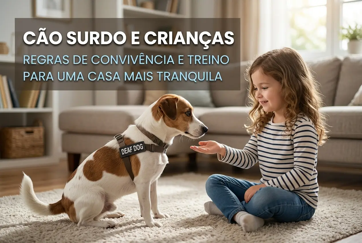 Menina brincando com cão surdo em sala aconchegante, 2026