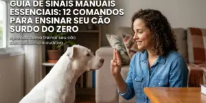 Mulher treinando cão surdo com sinais manuais em ambiente acolhedor