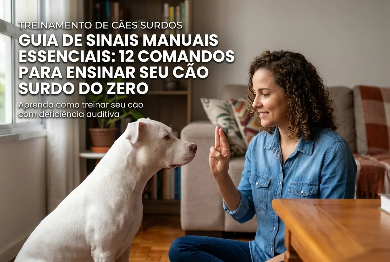 Mulher treinando cão surdo com sinais manuais em ambiente acolhedor