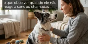 Mulher acaricia cachorro em sala, focando no bem-estar de cães surdos