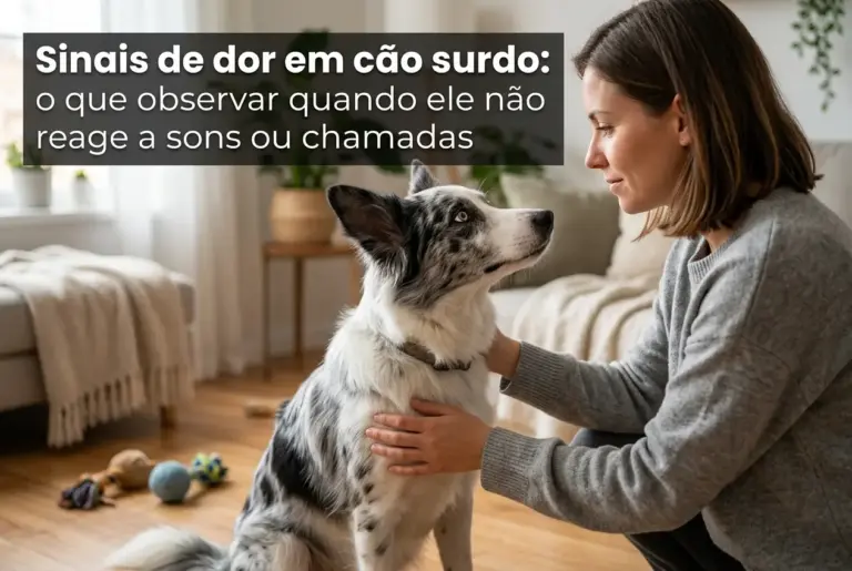 Mulher acaricia cachorro em sala, focando no bem-estar de cães surdos