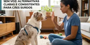 Mulher treinando cachorro surdo usando sinais em sala de estar