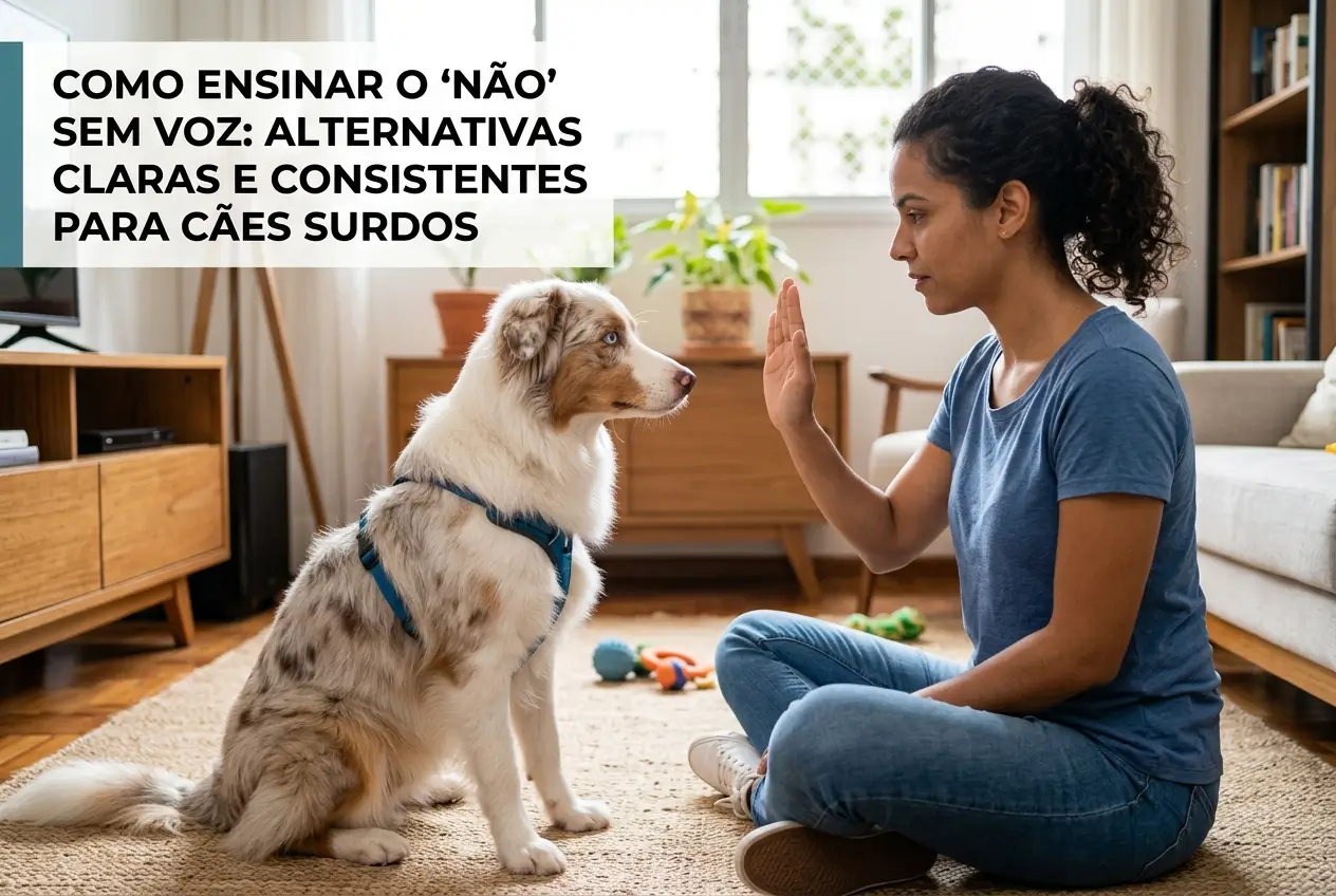 Mulher treinando cachorro surdo usando sinais em sala de estar