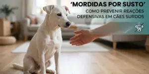 cão branco em sala com texto sobre prevenir reações defensivas