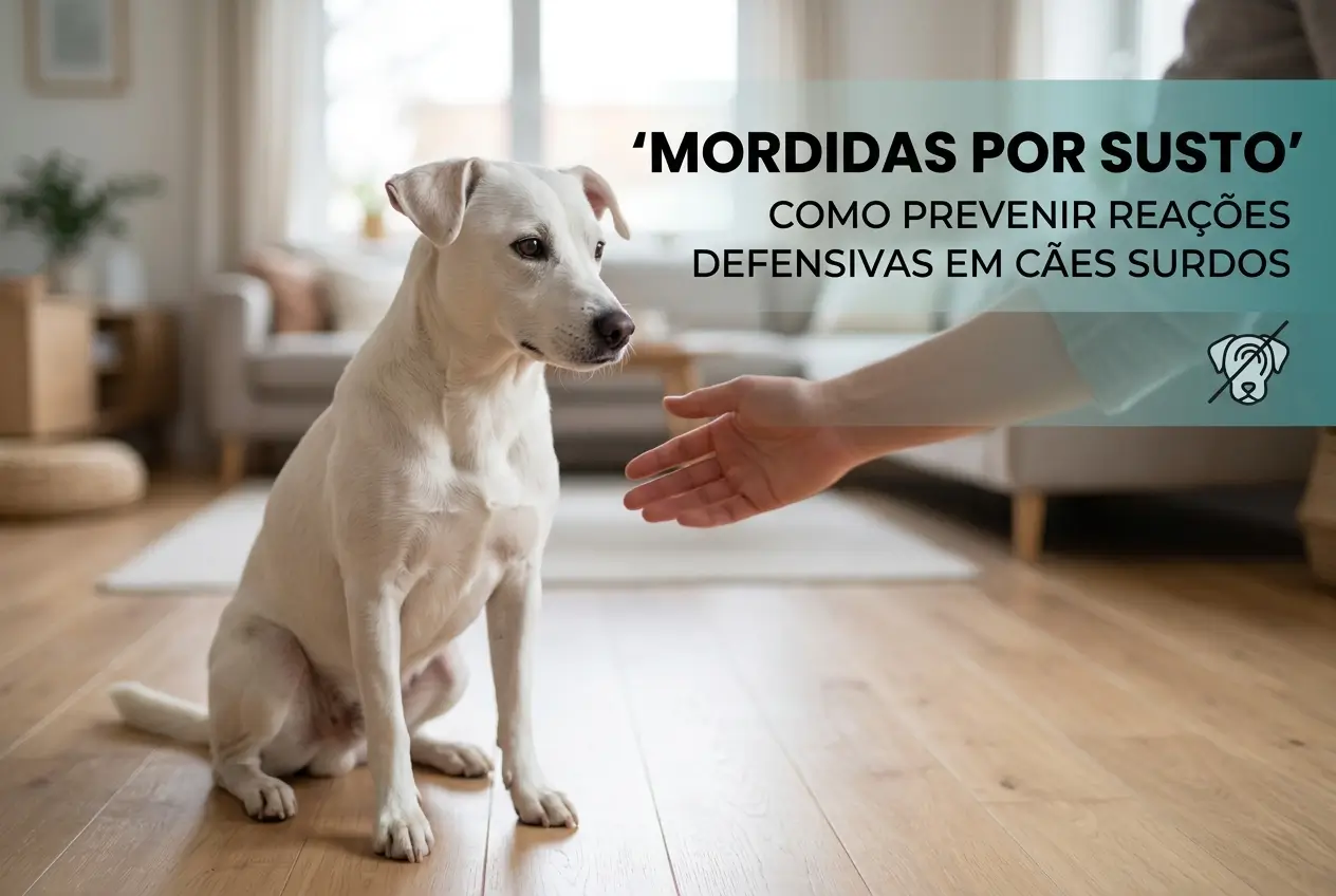 cão branco em sala com texto sobre prevenir reações defensivas