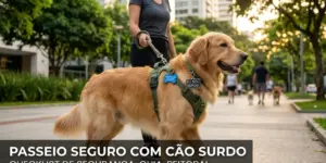 Mulher caminhando com golden retriever surdo em parque urbano