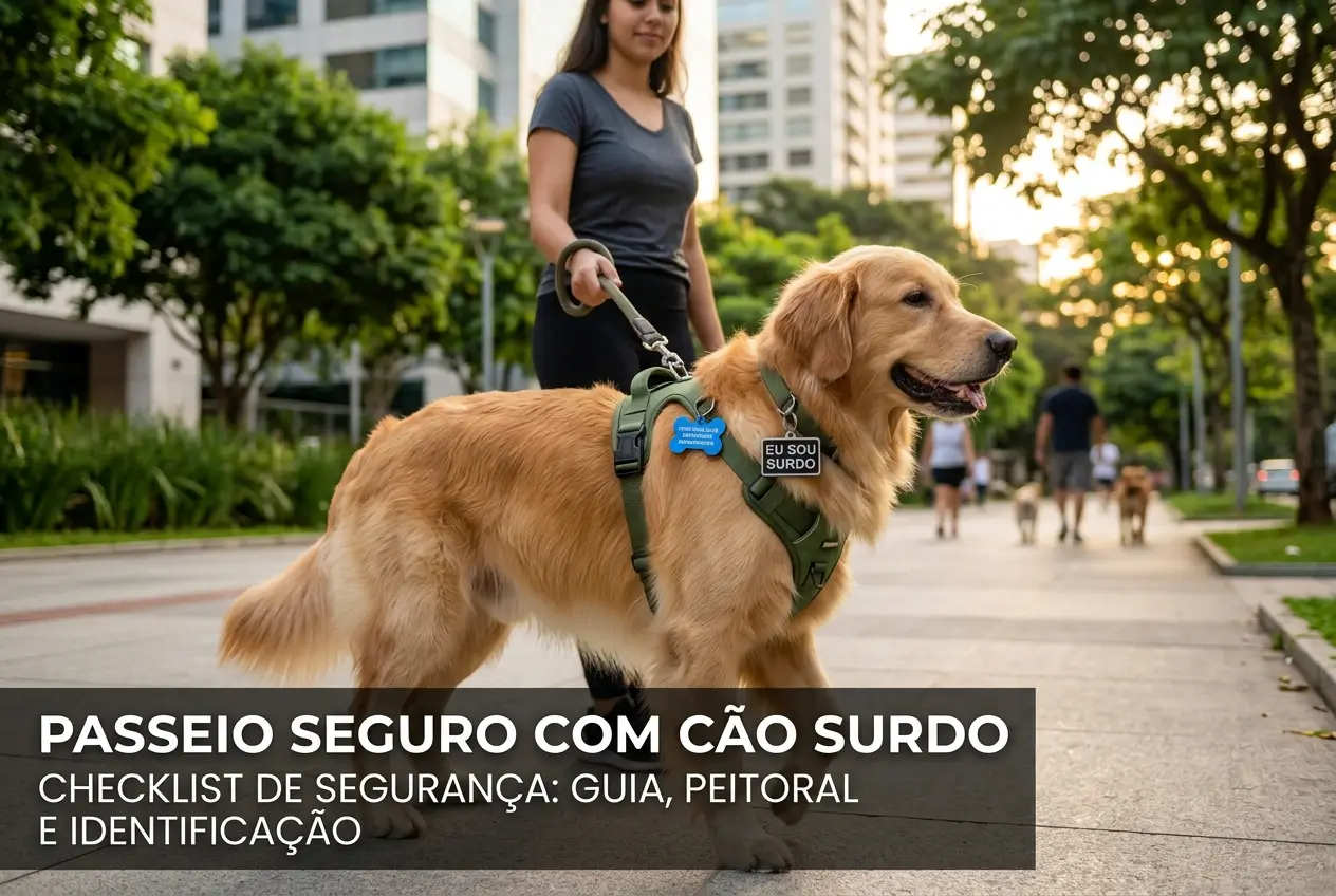 Mulher caminhando com golden retriever surdo em parque urbano