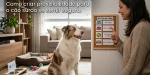 Mulher e cão interagem com cronograma diário em sala de estar