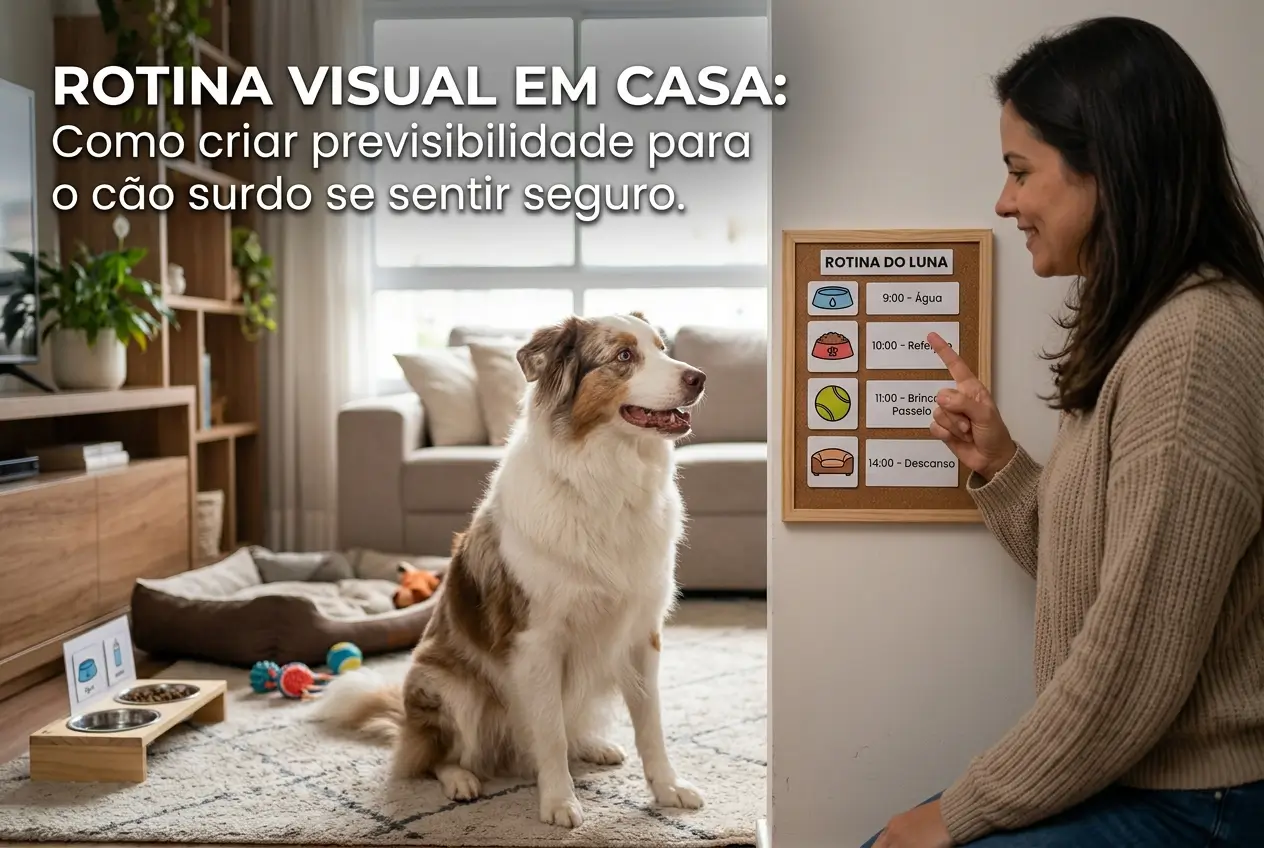 Mulher e cão interagem com cronograma diário em sala de estar