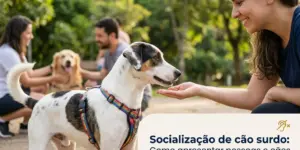 Pessoa interage com cão surdo em ambiente verde, socialização tranquila
