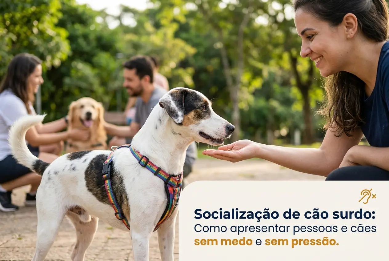 Pessoa interage com cão surdo em ambiente verde, socialização tranquila