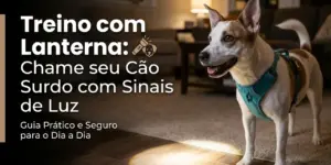 Cão branco com marrom em treino com lanterna, técnica para cães surdos
